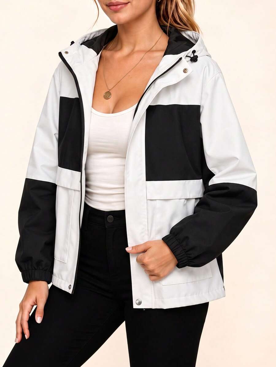 Women's Black & White Colorblock Hooded Jacket, Outdoor Casual Hiking Coat - White - View 1