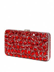 Women's Evening Hard Shell Clutch, Leaf Rhinestone Pattern, Pearl Decorated Clasp, Detachable Chain, Luxurious And Eye-Catching, Suitable For Wedding, Banquet, Ball, Party, Evening Event - Red - View 3