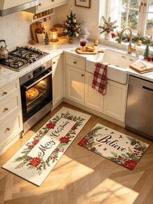1/2pcs Christmas Kitchen Decor Rug, Merry Christmas 2D Floral Design Winter Kitchen Rug And Mat, Non-Slip Washable Absorbent Kitchen Accessories Decor Mat, Christmas Holiday Gift! - Multicolor - View 4