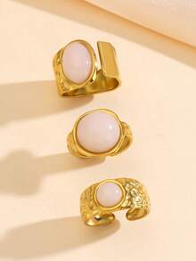 3pcs Stainless Steel Gold-Plated Pink & White Stone Open Ring Set, Oval & Round Stone Inlaid Wide Band Adjustable Rings, Luxury Decorative Jewelry - Baby Pink - View 1