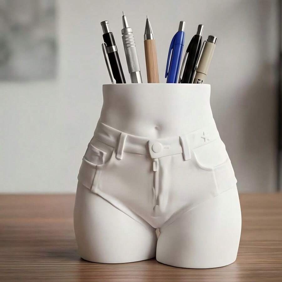 3D Printed Pen Holder, Desktop Art, Storage Decor, Vintage Denim Pattern, Female Torso Decorative Figurine - A - View 1