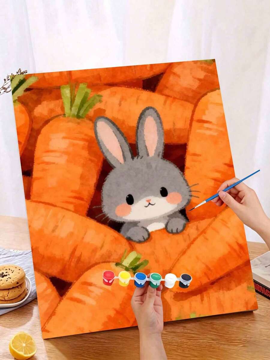 1pc Carrots And Rabbits DIY Oil Painting By Numbers, Canvas Painting DIY Crafts, Adult Home Decoration, Holiday Gift.