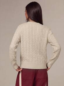 Amaris Popular Office Casual Daily Classic Cable Knit Cardigan, Oatmeal White Crew Neck Gold Button Cropped Long Sleeve Fall Layering Preppy Knit Top - Apricot - View 4