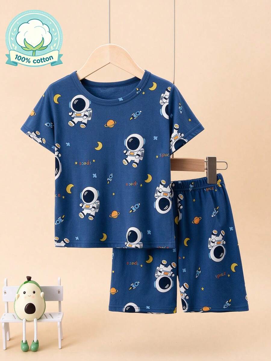 2pcs/Set Kids Short Sleeve & Shorts Astronaut Pajamas, Boys Thin Cartoon Astronaut Pattern Summer Home Clothes Set - Multicolor - View 1