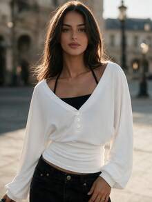 Women's White Knit V-Neck Long Sleeve Button-Up Top, Medium Stretch Regular Fit, Comfortable For Winter Wear - White - View 3