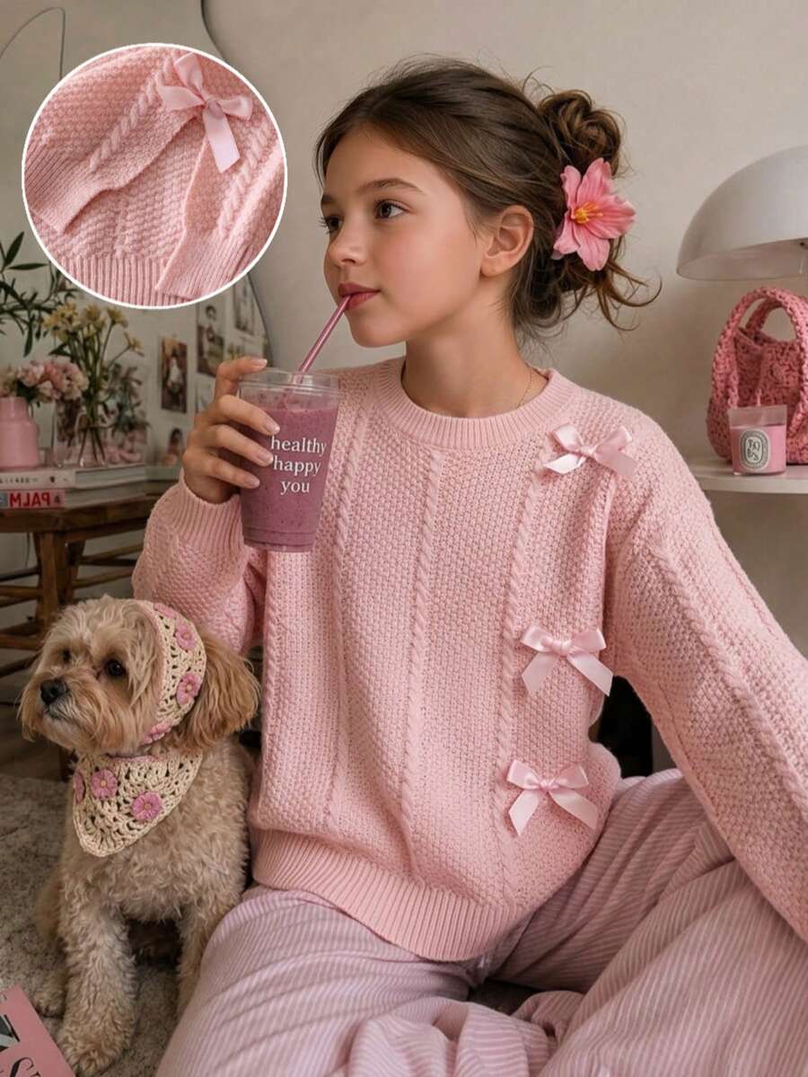 Girls Elegant Cute Pink Bow Round Neck Sweater Twisted Cable Knit Pullover Long Sleeve Suitable For Daily Wear, Vacation, Spring, Autumn, Winter - Pink - View 1