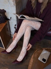 1 Pair White Floral Lace Tights For Women, Sheer Stretchy One Size, Run-Resistant Comfort, Everyday Commute Versatile - Multicolor - View 8