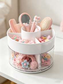 1pc Rotatable Round Plastic Hair Accessories Storage Box, Clear Divided Desktop Organizer, For Girls Hair Clips Hair Ties, Bedroom Vanity Birthday Christmas Gift - White - View 5