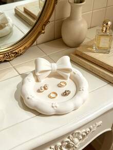 Ins Cream Style 3D Printed Bow Jewelry Storage Tray, Embossed Floral Edge Round Tray, 3D Bow Decor, Vanity Jewelry & Hair Clip Organizer, Soft Atmosphere, Girly Desktop Decor - Multicolor - View 4
