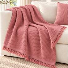%100 Cotton Waffle Weave Bedspread-200x220 Cm- Minimalist Blanket With Fringe Knit Bed Cover - Pink - View 2