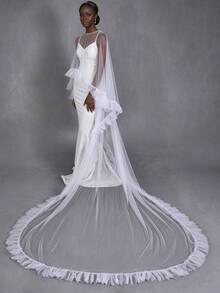 1pc Ruffle Smooth Tulle Bridal Cape, White Sheer Long Train Wedding Dress Cloak, Cover Up For Wedding Banquet Party - White - View 1