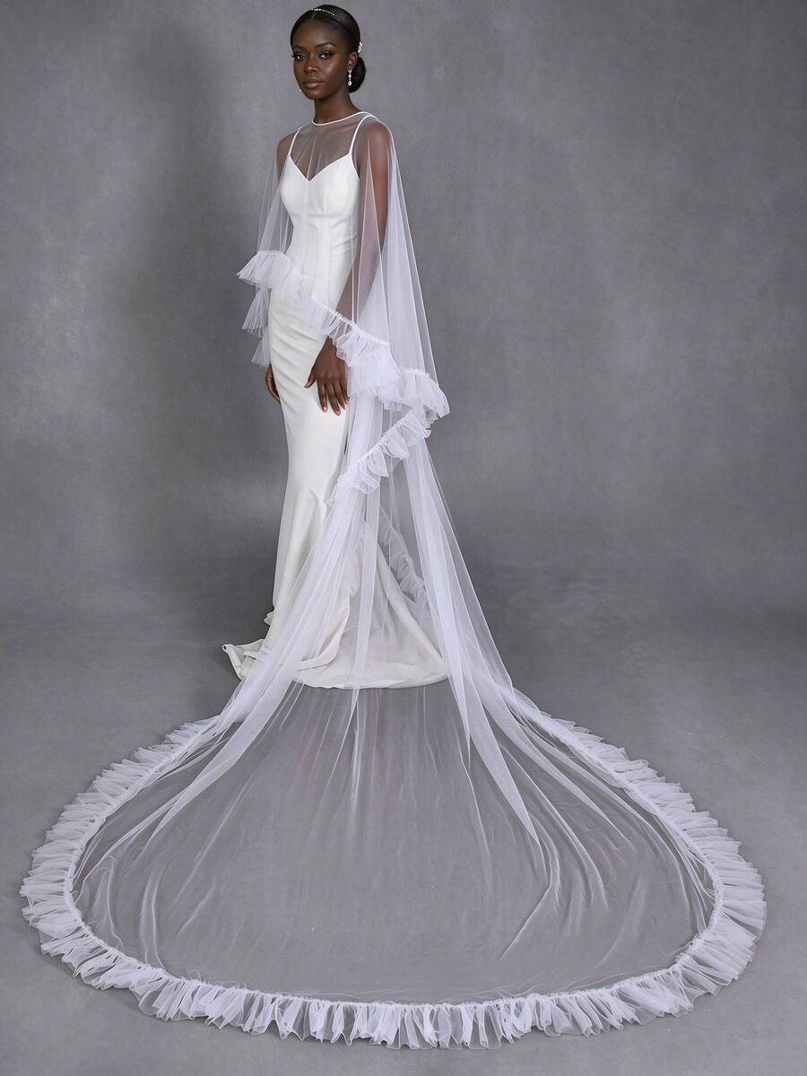 1pc Ruffle Smooth Tulle Bridal Cape, White Sheer Long Train Wedding Dress Cloak, Cover Up For Wedding Banquet Party - White - View 1
