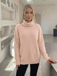Women's Casual Pink Sweater, Fashion Minimalist Solid Color Knitted Turtleneck Pullover, Autumn/Winter - Pink - View 4