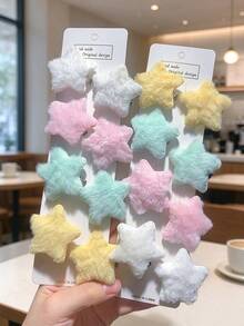 8入馬卡龍色毛絨星星髮夾，純色五角星側夾瀏海夾，甜美女孩髮飾，日常穿搭派對頭飾 - 彩色 - 查看 1