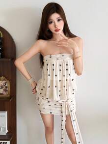 Top Dazzle Fashionable Women's Knitted Strapless Bodycon Dress Polka Dot Pattern, Sleeveless, And Short Length For A Chic Look - Apricot - View 8