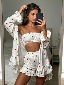 Soft Comfortable Ruffle Heart Print Valentine's Day Bandeau Top, Shorts, Jacket 3 Pieces Set - Red and White - View 3