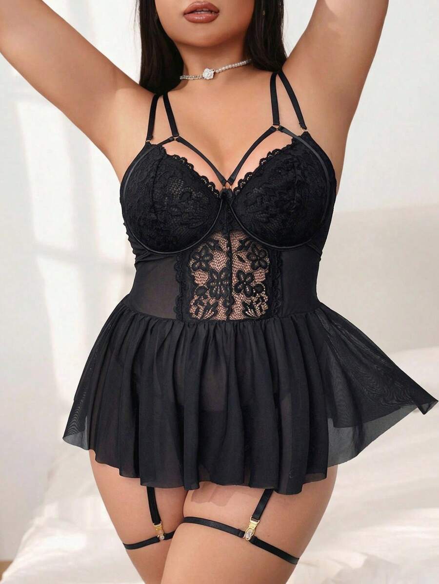 Plus Size Women Lace + Mesh Patchwork Camisole Dress, Mesh Garter Nightgown, Floral Lace V-Neck Romantic Lingerie - Black - View 1