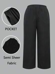Plus Size Women's Drawstring Waist Pocket Wide Leg Loose Casual Long Pants - Black - View 4