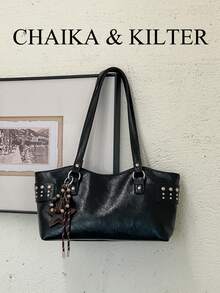 1pc Fashion Studded PU Leather Shoulder Bag, Suitable For Commuting, Shopping, Etc. (With Pendant) - Black - View 11