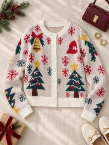 Women's Christmas Cardigan Sweater, Tree And Snowflake Pattern, Round Neck Front Button Long Sleeve, Suitable For Autumn/Winter - White - View 3