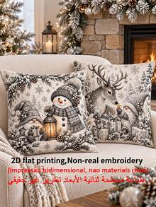 shangxia 2PCS--Vintage Gray Tone Gnome Snowman Pattern Printed Pillowcase, Snowflake Pine Cone Lantern Gift Holiday Sofa Cushion Cover-- (Pillow Insert Not Included) - Grey - View 1