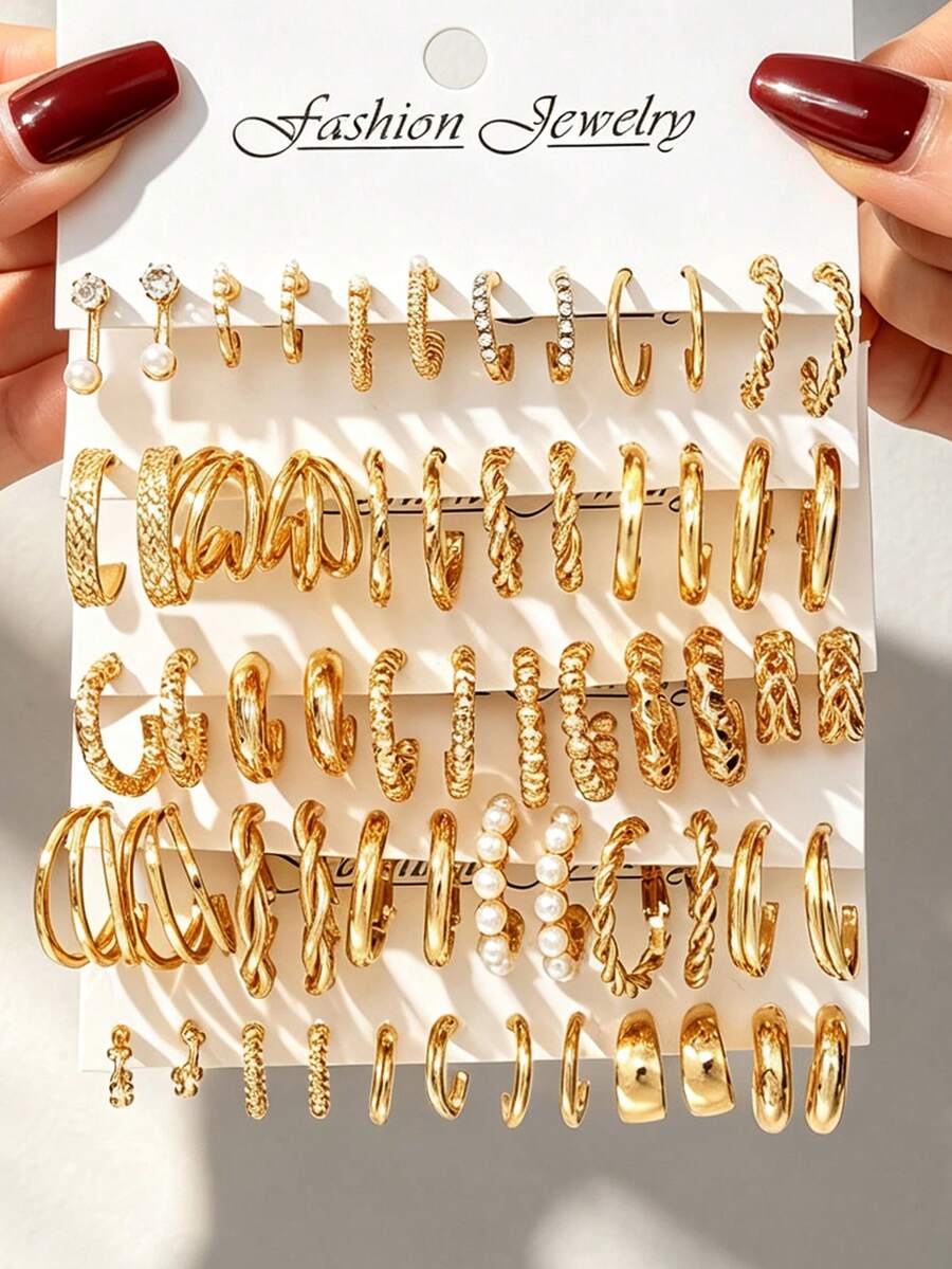 Random 6/30 Pairs Women's Earring Set, Simple Elegant Geometric Round Rhinestone Earrings & Hoops, Suitable For Women's Daily Wear, Dating, Party, Wedding, Perfect Gift For Birthday And Holiday - Yellow Gold - View 1