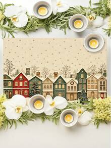 2/4/6Pcs Vintage Christmas Town Placemat, Snowy Winter Village Houses Table Mat, Antique Linen Texture Snowflake Table Decor, Farmhouse Rustic Holiday Dining Table Linen, Washable Table Protection Pad - Champagne - View 5