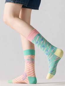 Cartoon Women's Knee-High Socks, College Style Asymmetrical Design Couple Socks - Multicolor - View 11