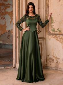 Autumn/Winter Elegant Sequin Embroidered Patchwork Satin Faux Two Pieces A-Line Long Evening Gown, Sheer Mesh Long Sleeve Dress, Suitable For Party, Wedding, Holiday - Army Green - View 1