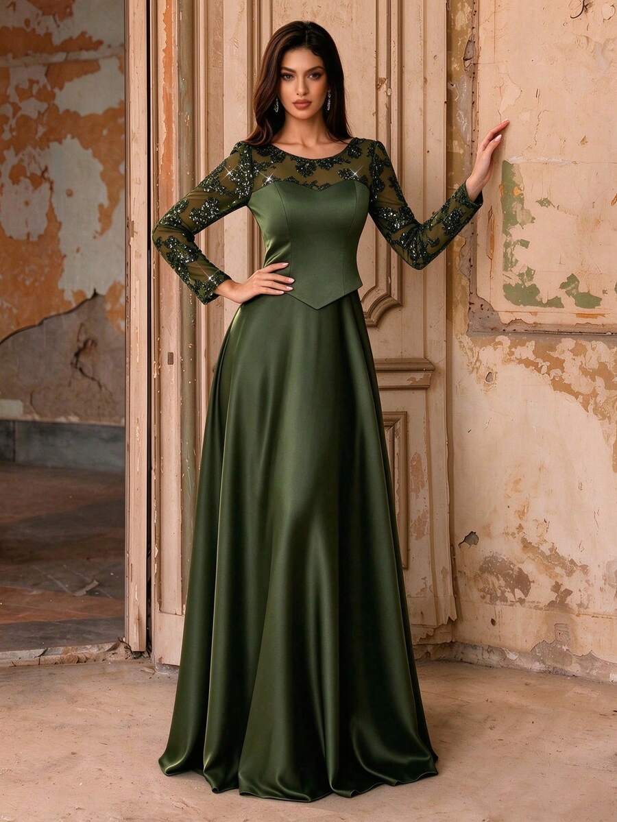Autumn/Winter Elegant Sequin Embroidered Patchwork Satin Faux Two Pieces A-Line Long Evening Gown, Sheer Mesh Long Sleeve Dress, Suitable For Party, Wedding, Holiday - Army Green - View 1