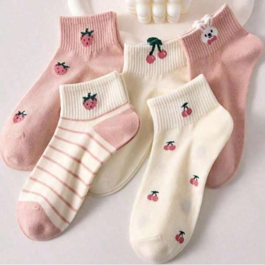 1/5/10 Pairs Cute Strawberry & Rabbit Socks, Simple Breathable Low-Cut Short Socks For Women, Fashion Casual Outdoor - Multicolor - View 1