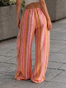 Women's Colorful Striped Drawstring Wide Leg Long Pants, Elastic Waist Loose Full Length Fit, Suitable For Casual Daily Wear - Multicolor - View 2