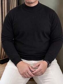 Plus Size Half Mock Neck Knit Sweater, Black Long Sleeve Basic Layering Sweater For Men, Autumn/Winter - Black - View 2