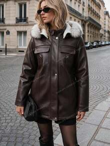 Women's Fake Fur Hooded Lather Coat - Brown - View 2