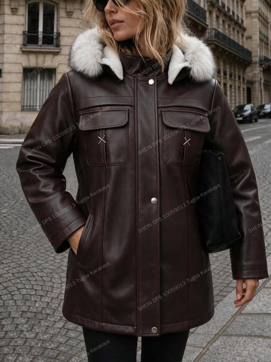 Women's Fake Fur Hooded Lather Coat - Brown - View 1