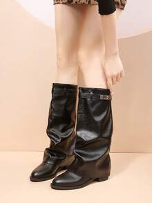 Women's Ruched Stacked Boots, Fashion Buckle Flat Comfortable Solid Color Western Style Casual Microfiber Leather Mid-Calf Boots, Suitable For Holiday Parties, Autumn/Winter Outfits - Black - View 7