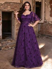 MGIACY Plus Size Women Elegant Purple Floral Lace V-Neck A-Line Maxi Dress, Suitable For Summer Wedding Guest, Party, Outing And Holiday Fall - Purple - View 1