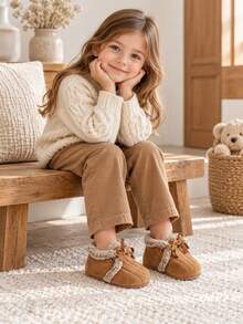 Toddler & Little Girls Brown Warm Plush Lined Ankle Boots With Bow Decor, Faux Fur Trim And Round Toe, Suitable For Autumn/Winter Wear - Camel - View 7