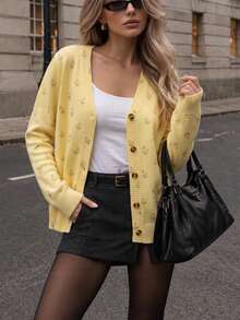 BYGOUBY Autumn/Winter Floral V-Neck Front Button Long Sleeve Knit Cardigan, Fashion Casual Soft Sweater Jacket - Yellow - View 8