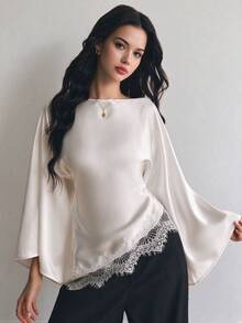 Elegant Women's White Off-Shoulder Top With Flowing Bell Sleeves And Asymmetrical Contrast Lace Hem - White - View 1