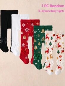 1pc Random Style Baby Girl Christmas Tights, Reindeer Snowflake Christmas Tree Print With Bow Decoration, Essential Winter Christmas Leggings For Toddlers - Multicolor - View 7