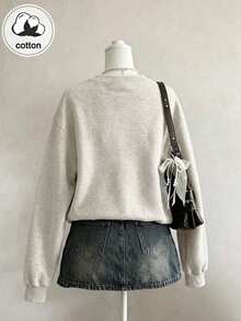 Women's Vintage Vertical Striped 3D Letter Print Crew Neck Long Sleeve Sweatshirt, Casual Top For Autumn/Winter - Light Grey - View 10