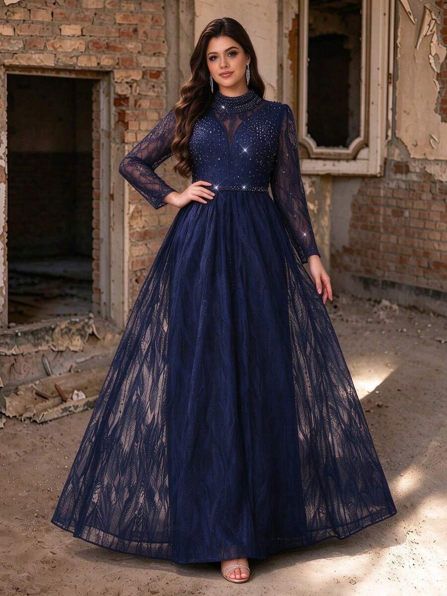 Plus Size Autumn/Winter Elegant Shiny Sequin Faux Pearl Rhinestone Embroidered Lace Full Skirt A-Line Long Dress, Mock Neck Long Sleeve, Party Wedding - Royal Blue - View 1