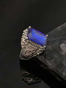 Men's Vintage Carved Blue Gemstone Inlaid Alloy Ring, Gothic Style Personalized Accessory, Suitable For Daily And Party Wear - Steel Ring - View 7