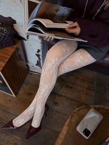 1 Pair White Floral Lace Tights For Women, Sheer Stretchy One Size, Run-Resistant Comfort, Everyday Commute Versatile - Multicolor - View 2