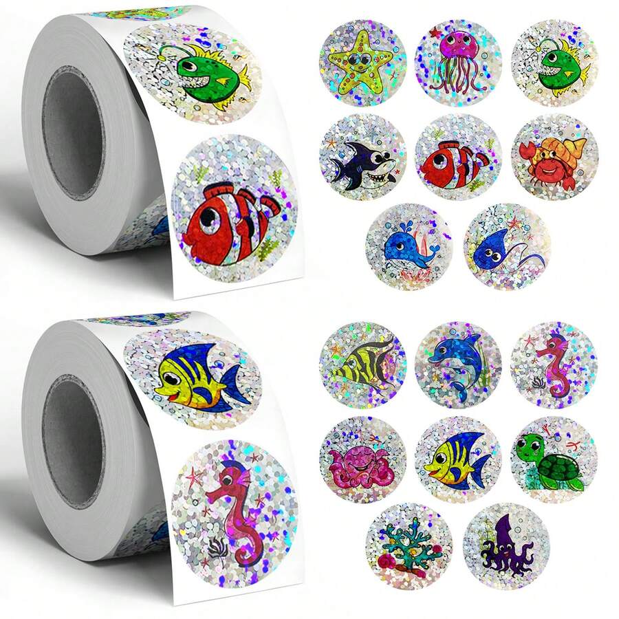 500pcs Holographic Ocean Creature Doodle Roll Stickers, 1 Inch Round, 8 ...