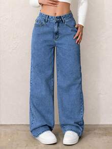 Women's Casual Elegant Washed Denim Straight Leg Pants, With Zipper And Gold Button Details, Long Non-Stretch Fabric, Suitable For Autumn Wear - Blue - View 2