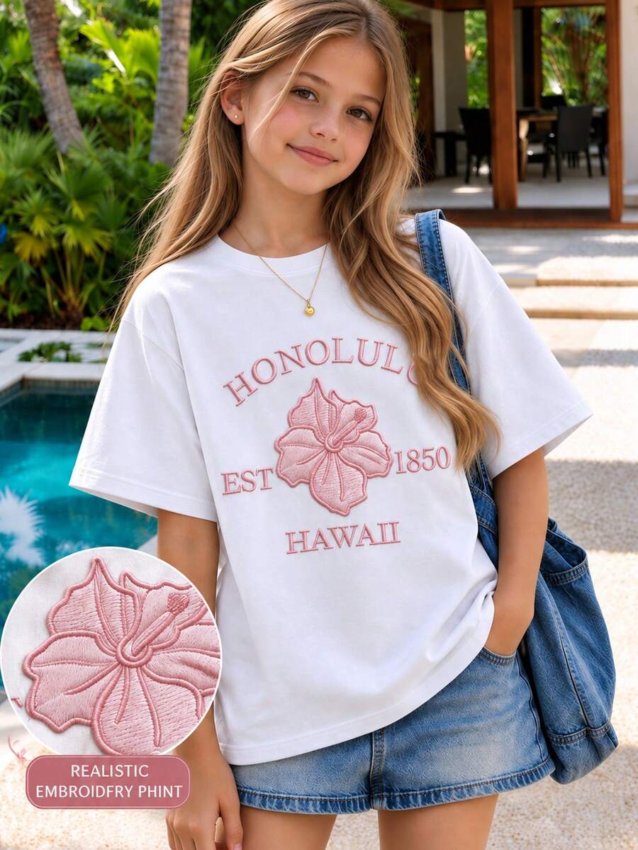 1pc Tween Girl Realistic Print Pullover Short Sleeve T-Shirt, Student Young Children's Summer Top - White - View 1