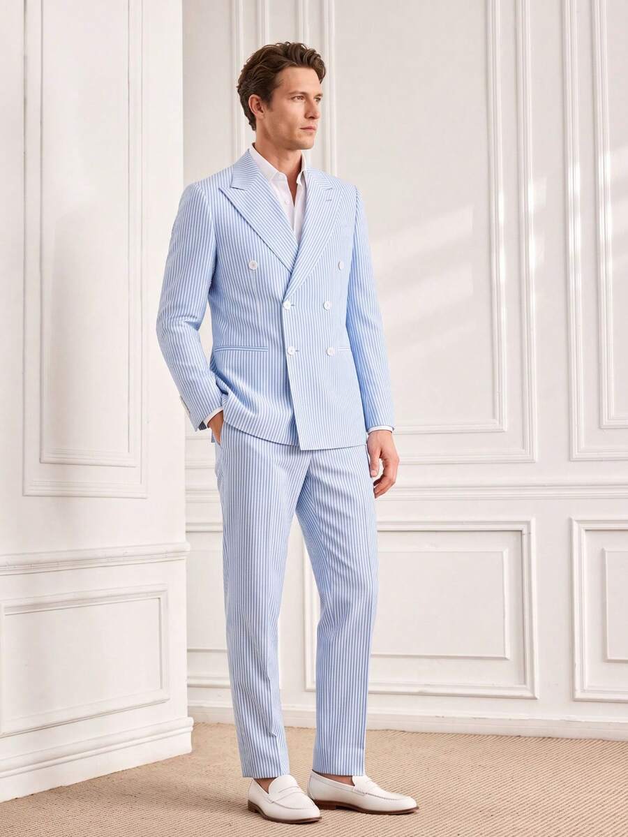 Officeau Men's Business Gentleman Striped Suit Set With Peak Lapel And Double-Breasted Design, Suitable For Daily Outings, Casual Commuting And More - Blue - View 1