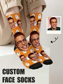 1 Pair Customized Mid-Calf Socks, Bow Tie Pattern, Customized Face Pattern Socks, Couple Socks, Customized Photo Socks, Customized Printed Socks, Personalized Funny Face Pattern Socks, Customized Image Socks, Can Print Any Face Shape On Socks, Anniversary Gift, Valentine's Day Gift, Birthday Gift, Wedding Gift, Mother's Day Gift, Father's Day Gift, Gift For Best Friend, Gift For Parents, Gift For Girlfriend/Boyfriend - Orange - View 2